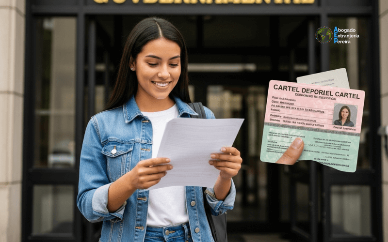 Mujer sonriendo delante de una oficina de extranjeria